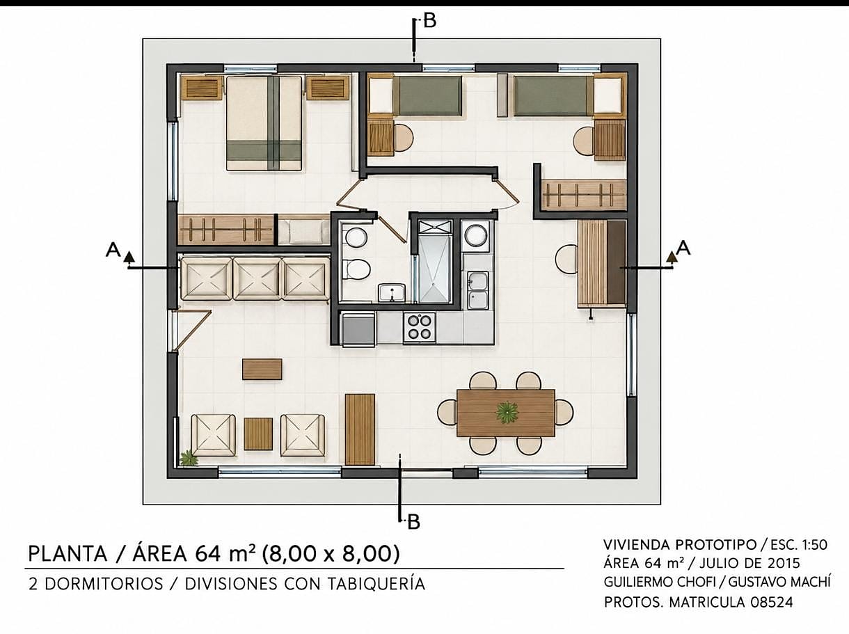 Planta de vivienda, 2 dormitorios, 64 m²