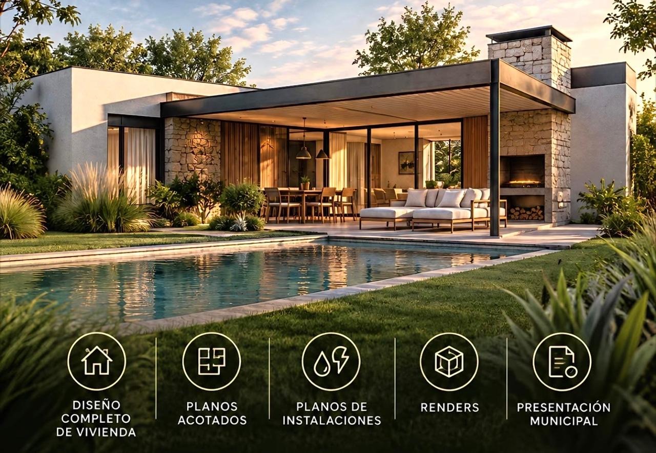 Diseño completo de vivienda, planos acotados, planos de instalaciones, renders y presentación municipal